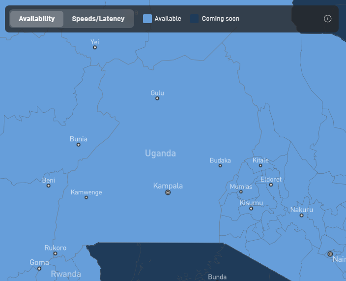 Official Starlink availability map showing Uganda marked Available