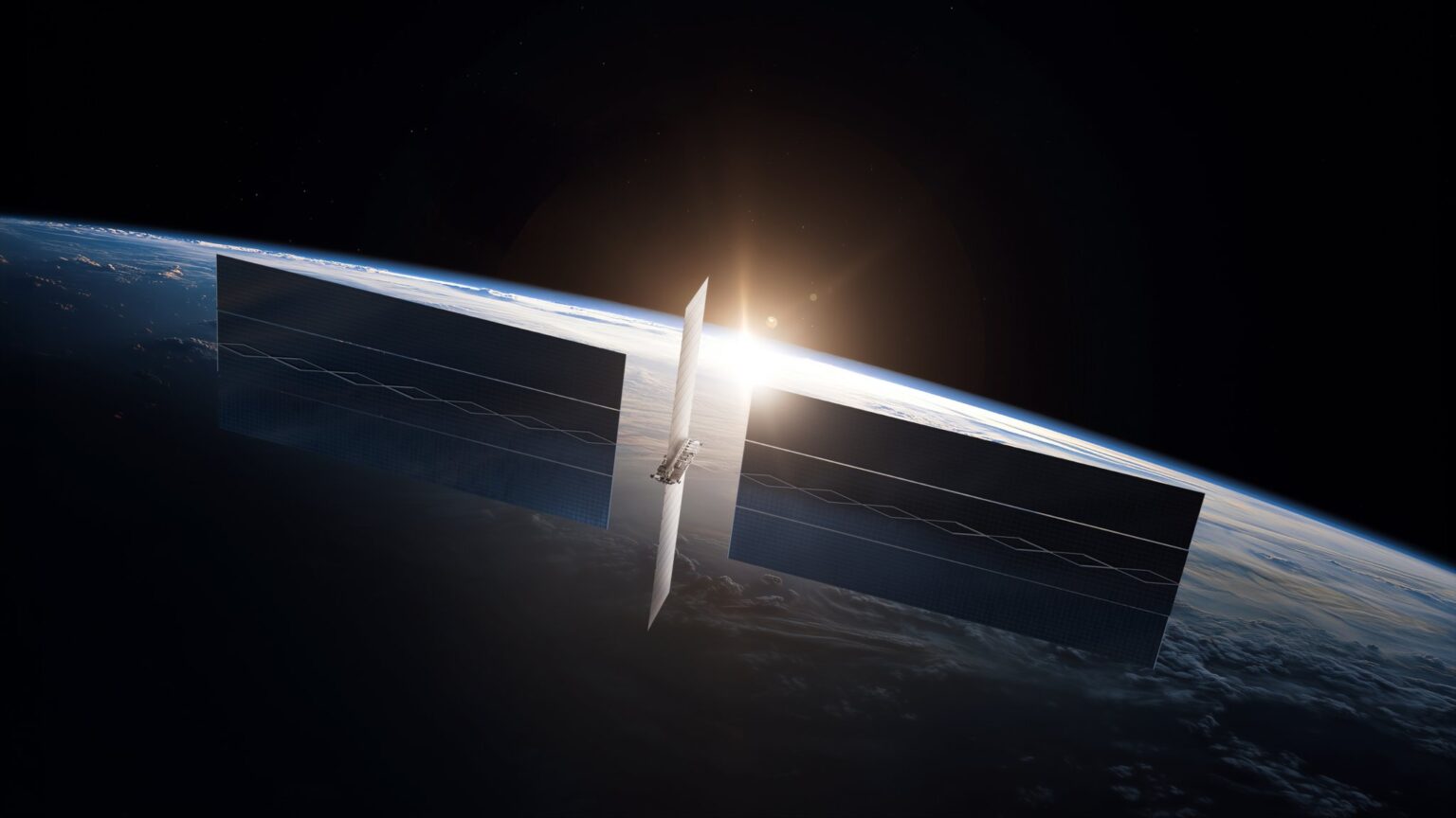 SpaceX rendering of a Starmind AI compute satellite with large solar arrays above Earth