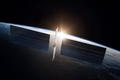SpaceX rendering of a Starmind AI compute satellite with large solar arrays above Earth