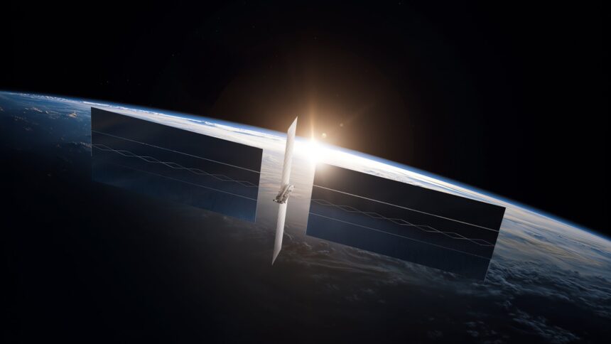 SpaceX rendering of a Starmind AI compute satellite with large solar arrays above Earth