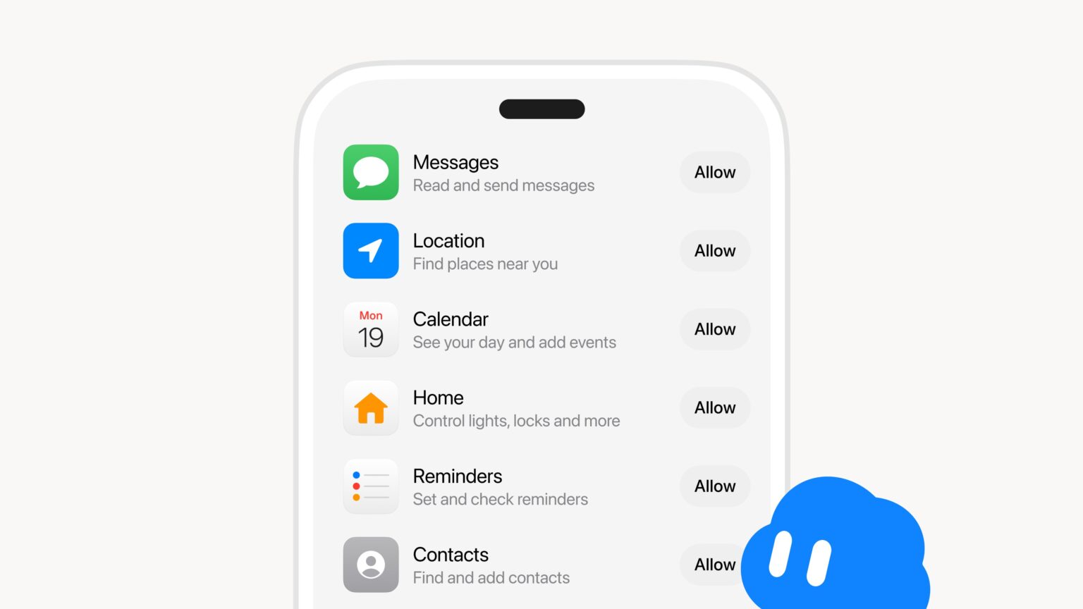Grok Bot phone app permissions screen for Messages, Location, Calendar, Home, Reminders and Contacts