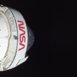 NASA's Orion spacecraft in flight during Artemis II, seen from a camera on its solar array wing