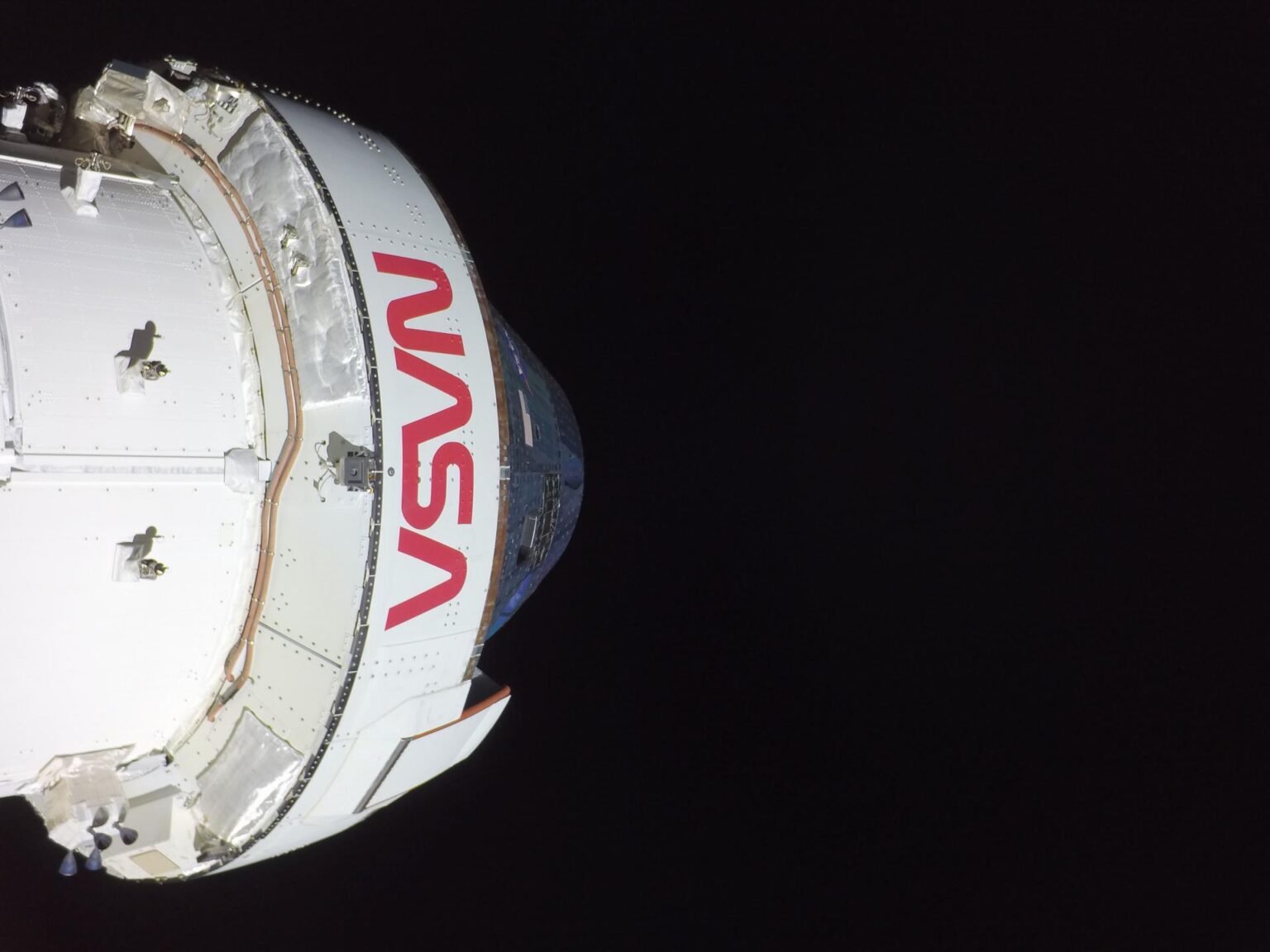 NASA's Orion spacecraft in flight during Artemis II, seen from a camera on its solar array wing