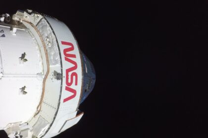 NASA's Orion spacecraft in flight during Artemis II, seen from a camera on its solar array wing