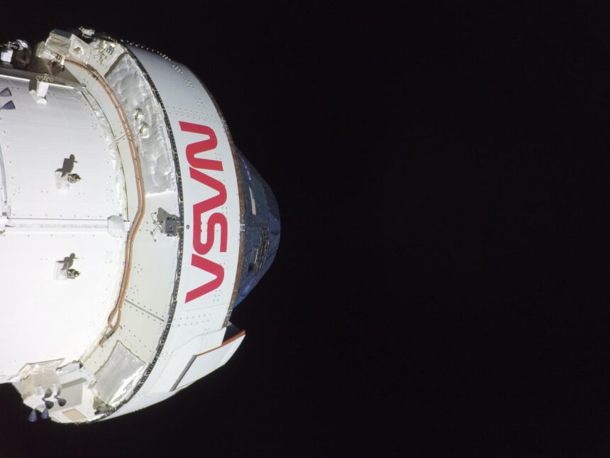 NASA's Orion spacecraft in flight during Artemis II, seen from a camera on its solar array wing